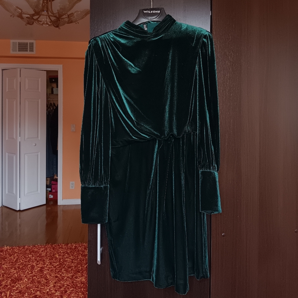 Karl Lagerfeld Velvet Blouson A-Line Dress In Forest Green - Picture 3 of 10